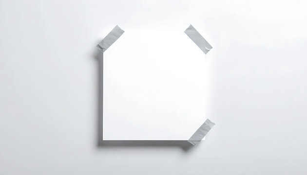 Blank square paper sheet mockup attached with grey adhesive tape, clean memo for notes and reminders, empty frame template