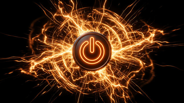 Glowing Orange Power Button with Electric Sparks and Lightning