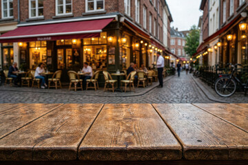 Fototapeta premium People dine at outdoor cafe tables on a brick street lined with buildings and streetlights