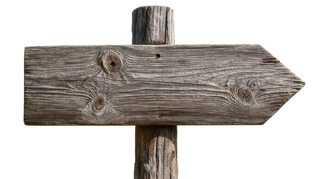 Weathered wooden directional signpost with arrow shape, isolated on transparent background