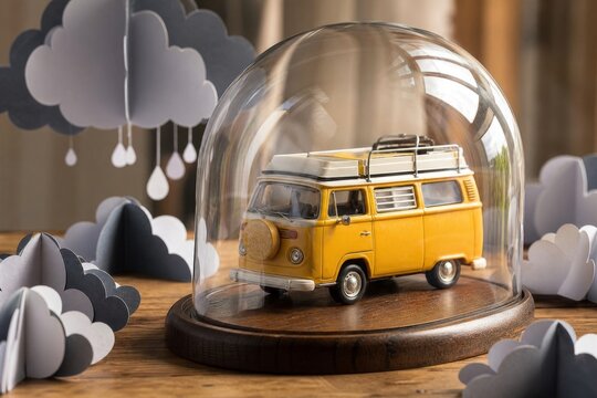 Yellow miniature camper van protected inside glass dome surrounded by paper rain clouds symbolizing travel insurance safety