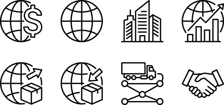 Business finance icons global market and multinational corporation concepts with handshake.