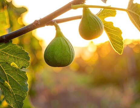 Two green figs hang on a branch, bathed in warm, golden sunset light