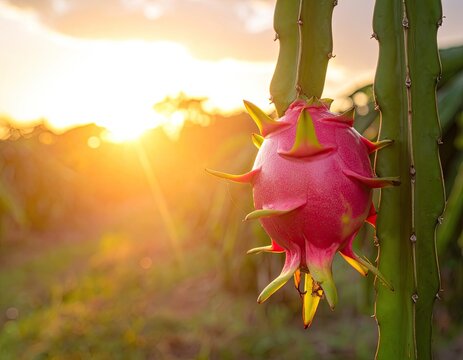 Ripe dragon fruit hangs from a cactus-like plant at sunset