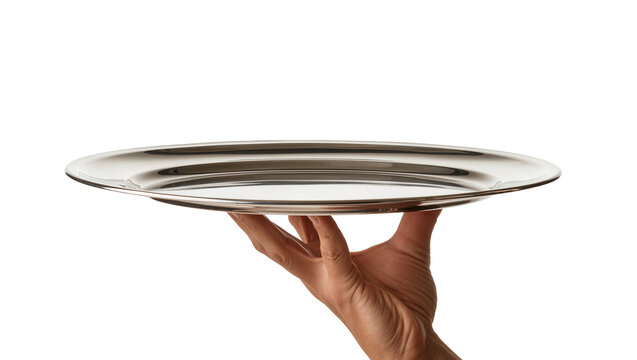 Human hand holding a polished silver serving tray, isolated on transparent background