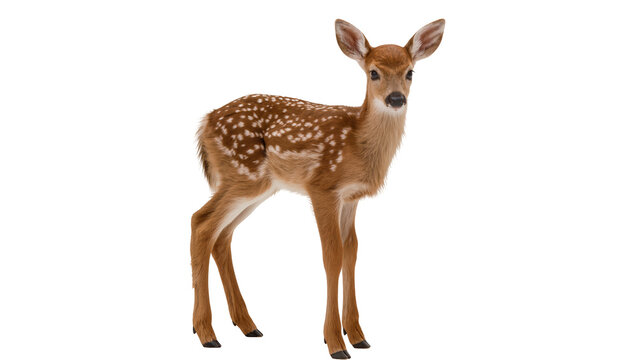 Spotted fawn standing alert, isolated on transparent background