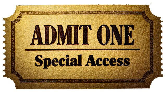 Golden Admit One Special Access ticket with ornate border, isolated on transparent background