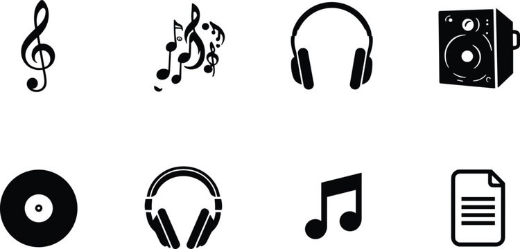 Music Icons Collection Featuring Headphones Notes Speaker Vinyl Record and Audio Symbols