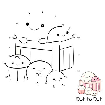 Connect The Dots and Draw Cute Chinese mantou buns in gift box. Dot to dot puzzle - cartoon little asian dessert in kawaii style. Educational Game for Kids. Drawing for Preschool children. Vector EPS8