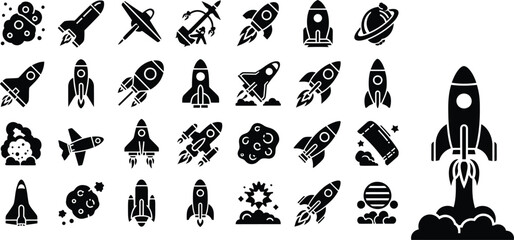 Black silhouette rocket spaceship launch space planet asteroid shuttle cosmic icon collection set isolated white background © jamiul