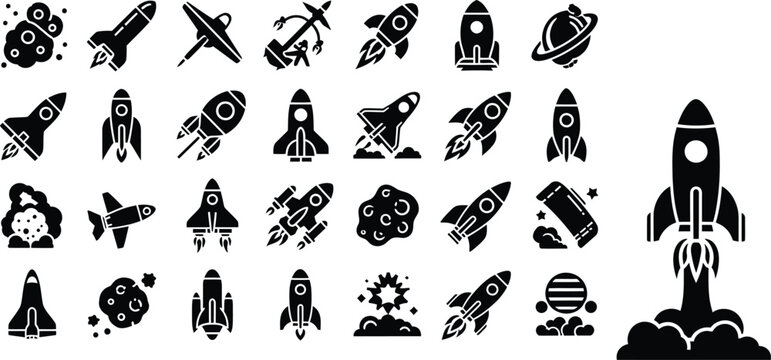 Black silhouette rocket spaceship launch space planet asteroid shuttle cosmic icon collection set isolated white background