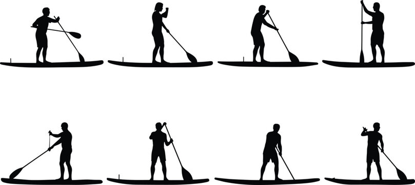 Stand Up Paddleboarding Silhouette Set with Athletes on Paddle Boards