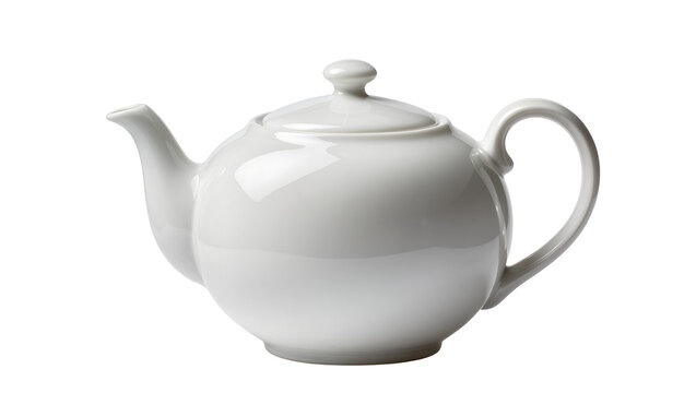 Classic white ceramic teapot with lid and handle, isolated on transparent background