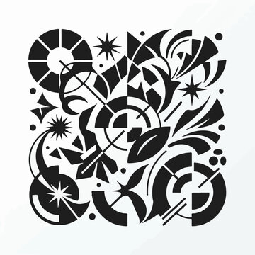 Geometric abstract design with black shapes and stars on white background
