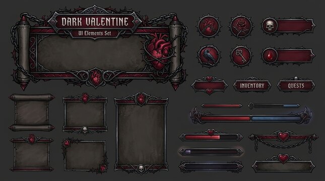 Dark valentine game ui elements with gothic and fantasy design for rpg interfaces