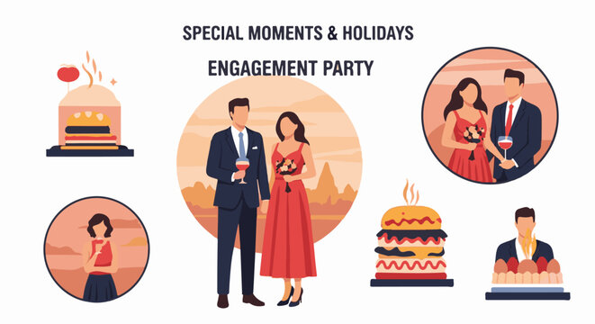 A colorful graphic illustration of an engagement party with a couple and desserts