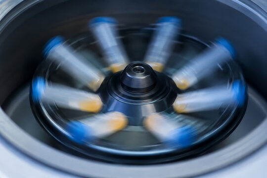 Laboratory centrifuge spinning test tubes with wine samples. Analysis of grape juice and must for quality control in winery. Industrial winemaking process, chemical research and testing.