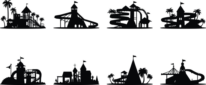 Water Park Playground and Spiral Waterslide Silhouette Collection for Family Recreation