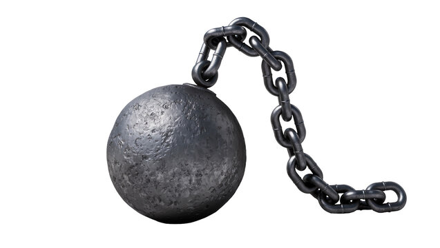 Heavy textured metal ball attached to a thick chain, isolated on transparent background