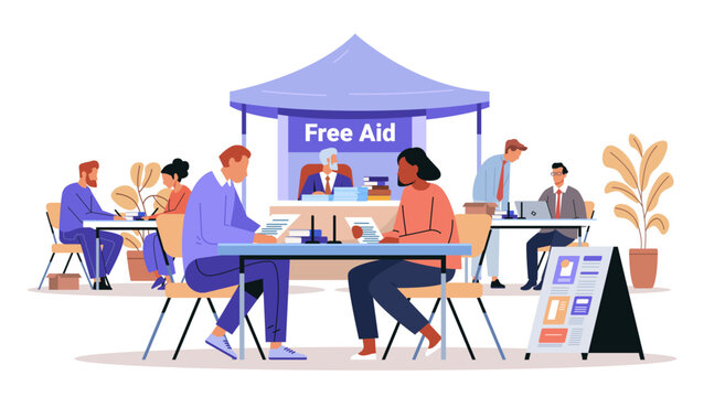 Legal aid clinic community service people consulting lawyers outdoor tent tables documents laptops plants modern flat design banner