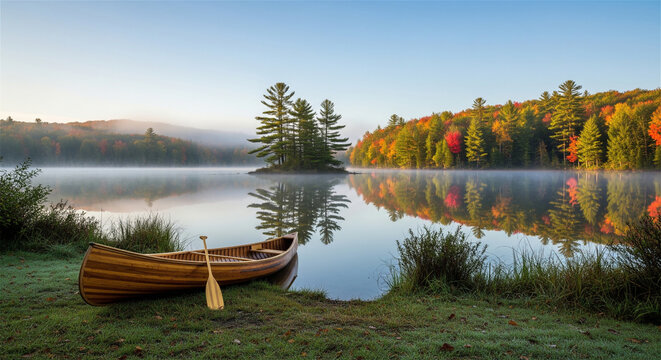 Serene wooden canoe rests beside misty lake reflecting vibrant autumn forest under clear sky