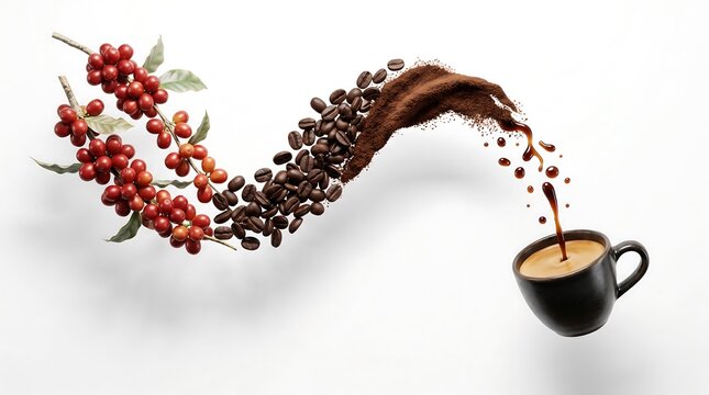 A dynamic visual representation of the coffee-making process, from fresh berries to roasted beans and brewed coffee.