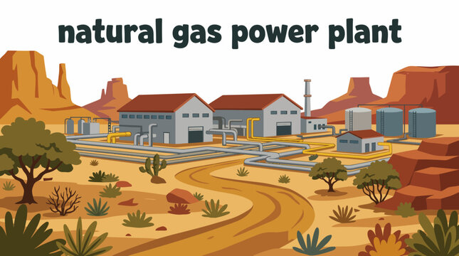 natural gas power plant featuring industrial pipelines, turbine buildings and advanced energy generation systems. the scene represents reliable electricity production, industrial operations