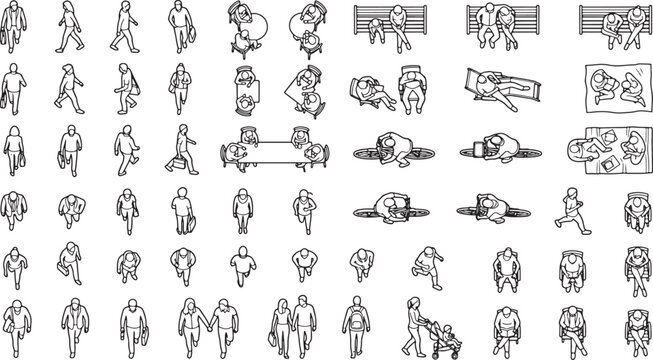 Top view people silhouettes set for architectural site plans and urban design projects in vector line art