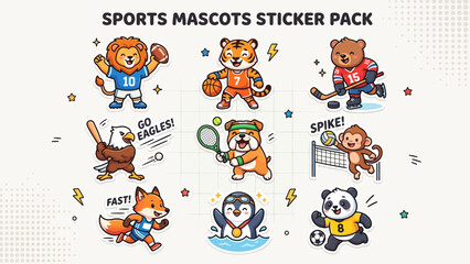 Fototapeta premium Cute Animal Sports Mascot Sticker Set Featuring Various Athletic Activities and Competitive Playful Characters for Creative Design Projects