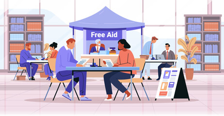 Legal aid clinic community service consultation people meeting lawyers in modern library setting bookshelves indoor tent workspace © mast3r