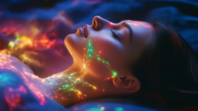 Relaxed woman resting in dramatic colorful light with glowing skin and face illumination futuristic spa beauty mood for wellness skincare makeup energy therapy modern female portrait imagery premium