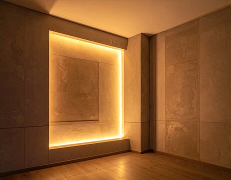 Warm, ambient lighting illuminates a recessed wall niche with textured finish