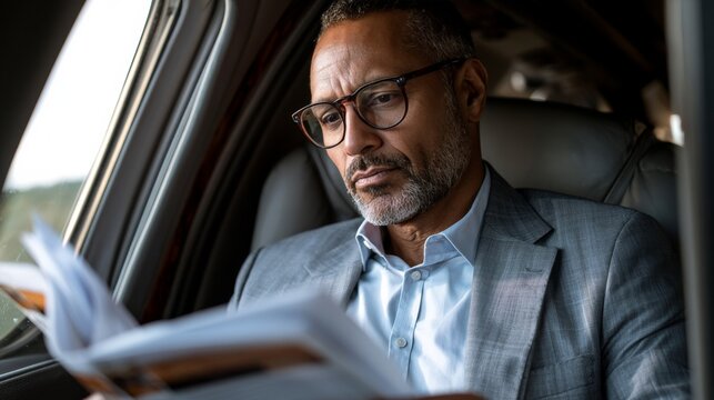 Businessman reading a book aboard a private jet while traveling