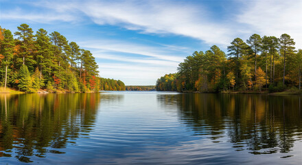 Fototapeta premium Serene lake surrounded by colorful autumn trees under a bright blue sky with fluffy clouds.