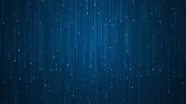 Blue digital lines and glowing particles falling down as abstract data rain on a dark background.