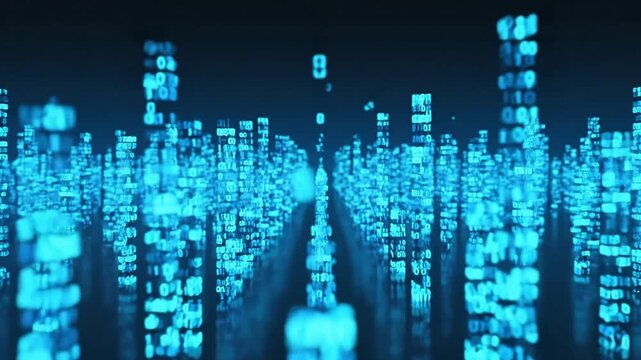 Animated blue binary code columns flow in an abstract digital data landscape background.