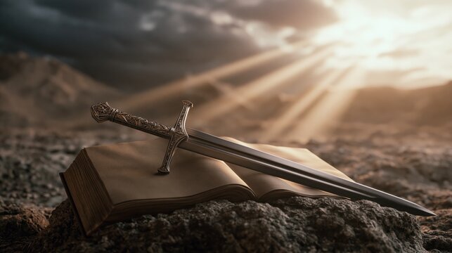 Bible and Sword Representing Faith, Strength and Protection