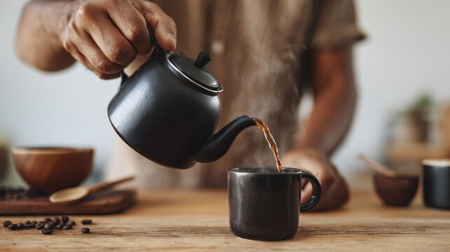 Pouring hot coffee from black teapot into cup on wooden table with coffee beans