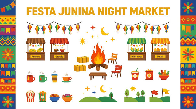 Festa Junina Night Market Colorful Decorations and Food Stalls Vector Illustration