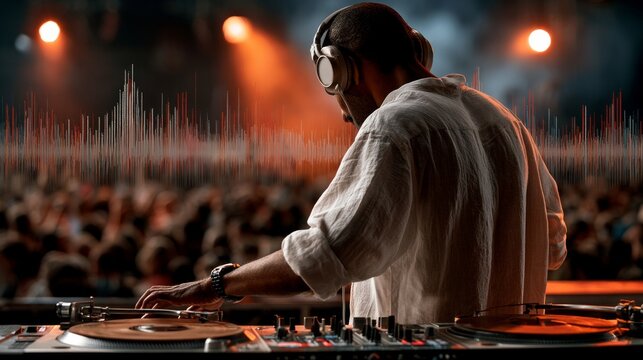 DJ performing live set with headphones and turntables in front of a crowd