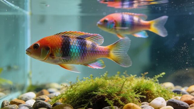 Recording vibrant rainbow fish gliding across tank midplane above moss, trailing fish near surface