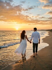 Fototapeta premium Couple holding hands walking along the beach at beautiful sunset.