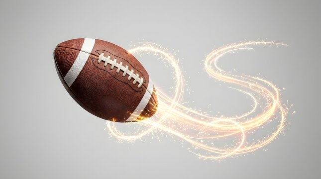 American football flying through the air with a fiery trail behind it on a gray background