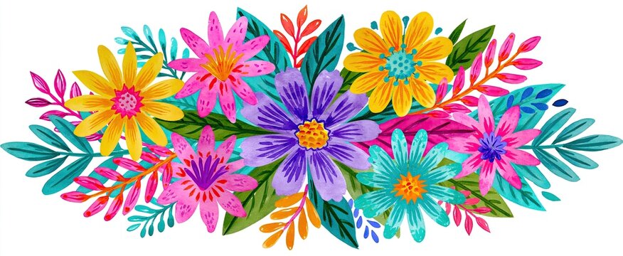 A cheerful arrangement of colorful hand-drawn flowers and leaves, ideal for spring-themed designs and promotions.