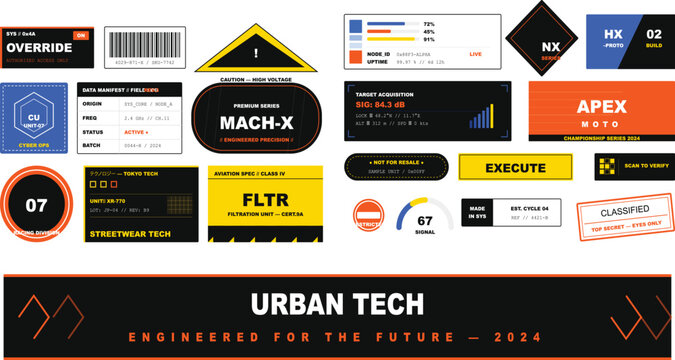 
Urban tech futuristic label sticker pack, bold typography, neon orange black, engineered precision design