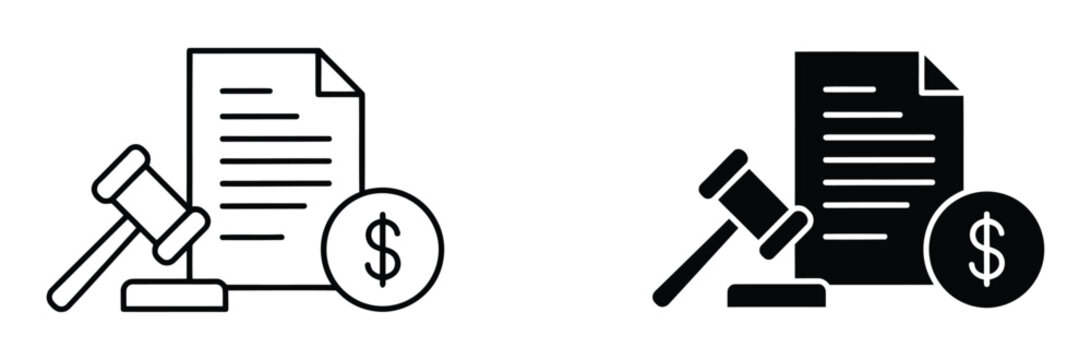 Black and white icons representing legal costs court fees auction and law document services. Broken and repaired document with dollar sign and gavel icons. 