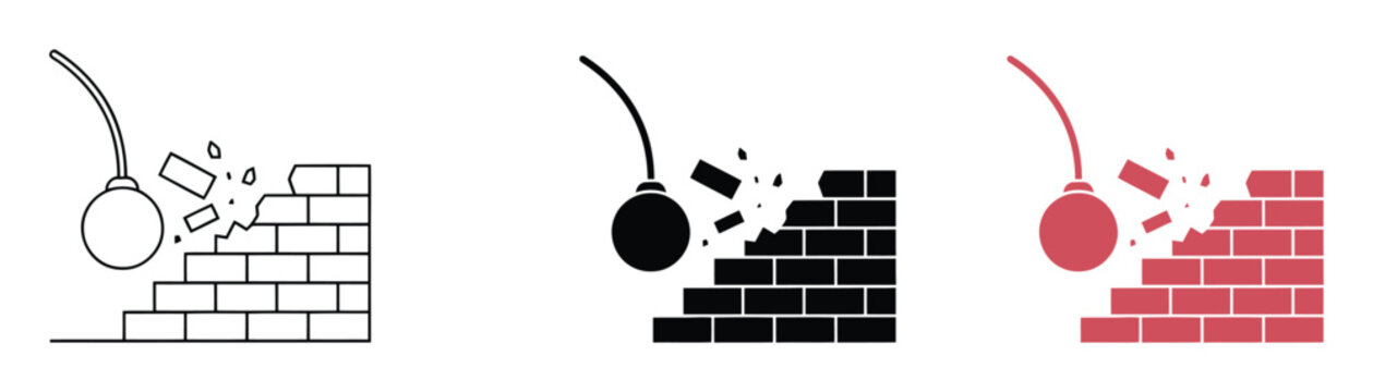 demolition icons in solid black and white collection. Wrecking Ball Icon Breaking Brick Wall demolition destruction. 