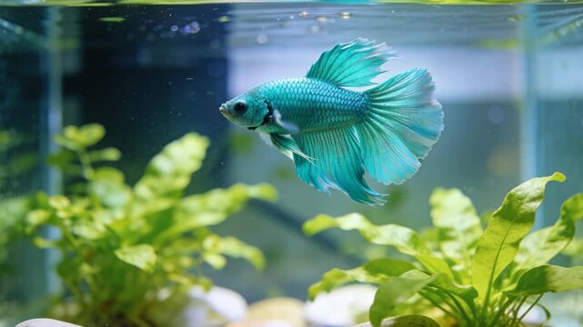 Responding to small ripple, teal betta fish fanning fins and gliding at glass aquarium, with plants