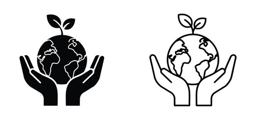 Obraz premium Hands holding earth globe with growing plant sprout icon set representing environmental protection sustainability global ecology conservation and green energy