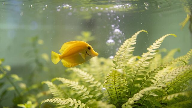 Gliding yellow tang moving right over fern plants in planted aquarium as bubble column appearing